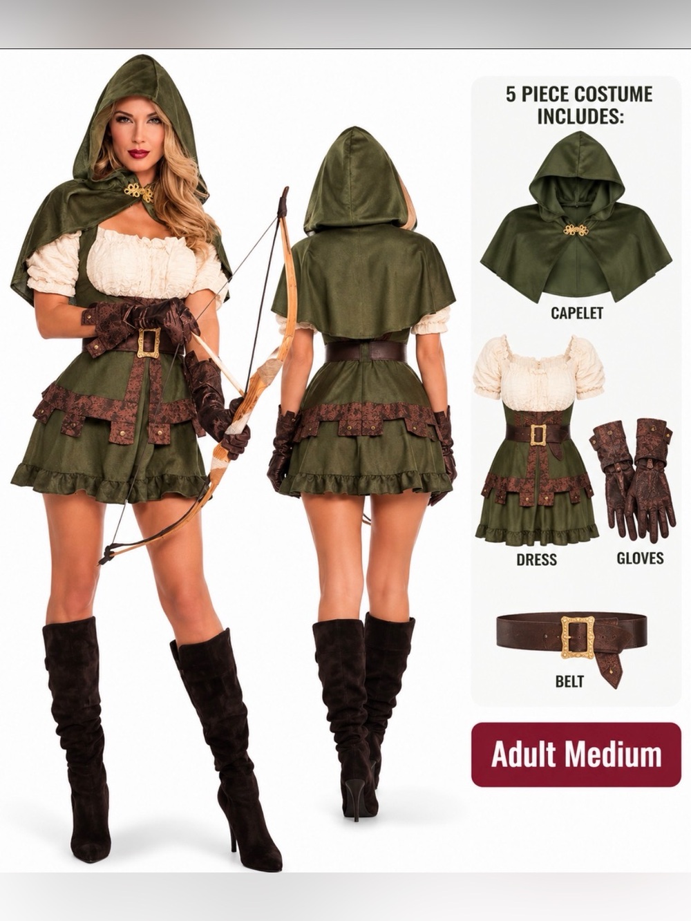 Women’s Robin Hoodie Robin Hood Halloween Costume Adult Medium 5 Piece